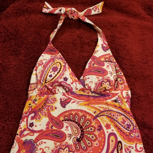 Land's End Pink Paisley V-neck Halter Swim Tankini - Picture 2 of 10